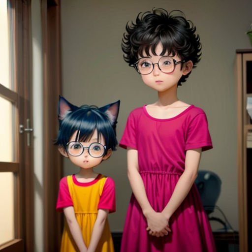 two children standing next to each other in front of a window with a cat's head on their head