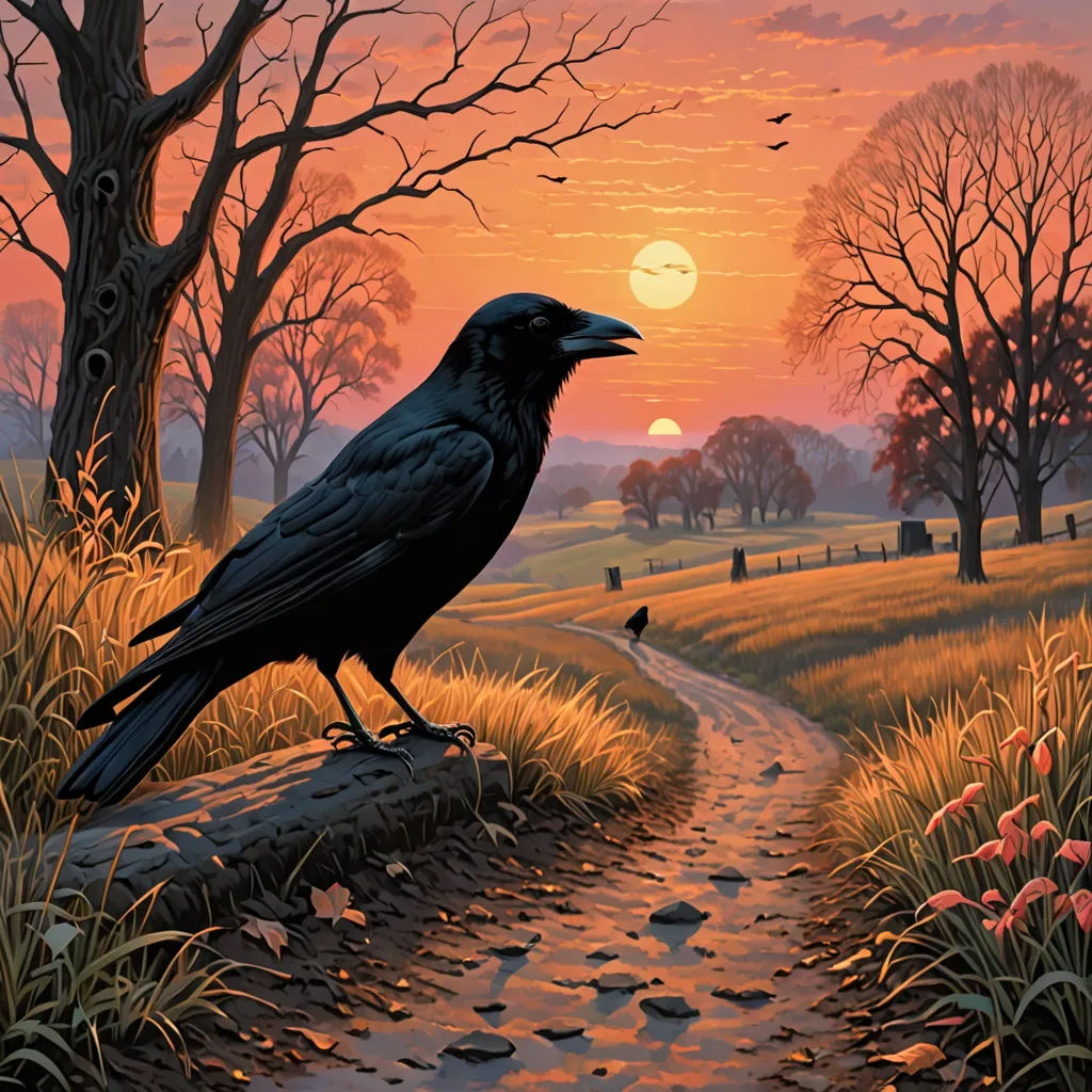 a painting of a crow sitting on a log in a field at sunset with a path leading to a cemetery, gothic art, a fine art painting, Dan Mumford, highly detailed digital painting