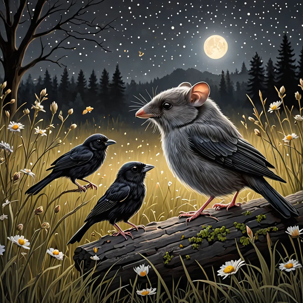 a painting of two birds sitting on a log in a field with a mouse and a mouse on it, magic realism, a storybook illustration, Art Spiegelman, storybook illustration