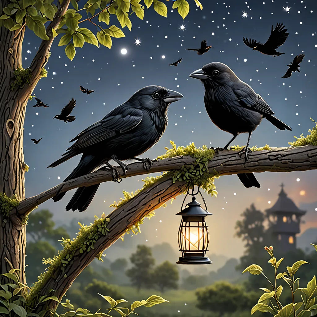 two birds perched on a branch with a lantern in the foreground and a night sky with stars and a full moon, gothic art, a storybook illustration, Dirk Crabeth, birds