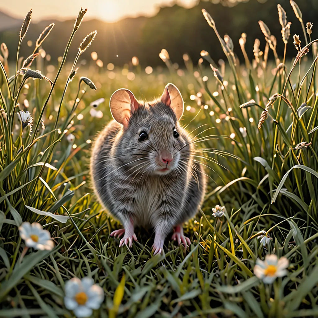 a small rodent sitting in the grass with daisies in the background and a sun shining through the grass, art photography, a stock photo, Brenda Chamberlain, animal photography