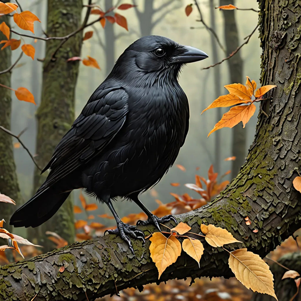 a black bird sitting on a tree branch in a forest with leaves on the ground and a tree trunk with yellow and orange leaves, gothic art, a digital painting, Art Brenner, highly detailed digital painting