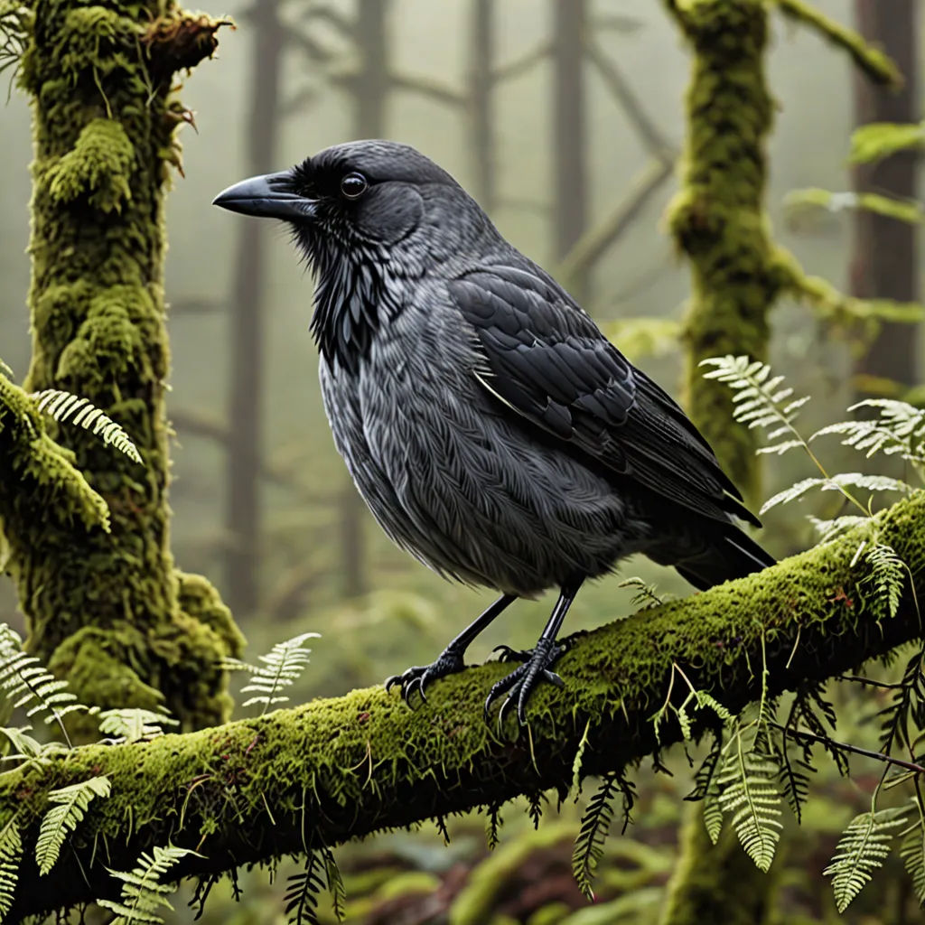 a black bird sitting on a mossy branch in a forest filled with trees and ferns, with fog in the background, gothic art, a matte painting, Carl Critchlow, grey background