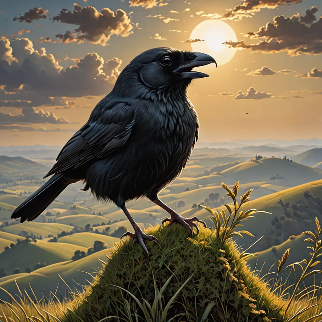 a painting of a black bird sitting on a hill with a sunset in the background and clouds in the sky, fantasy art, an airbrush painting, Dan Mumford, highly detailed digital painting