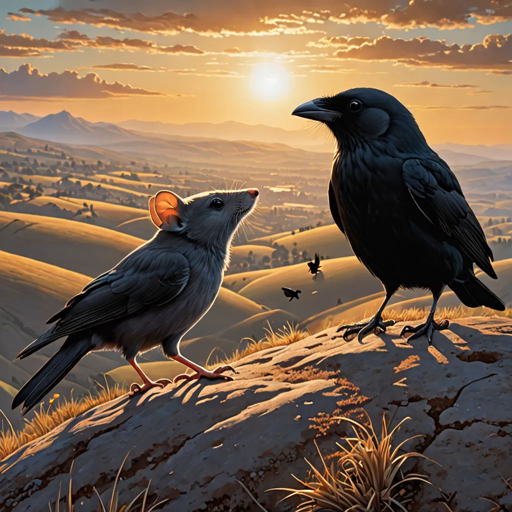two birds standing on a hill with a sunset in the background and a field of grass and bushes in the foreground, magic realism, a storybook illustration, Art Spiegelman, promotional image
