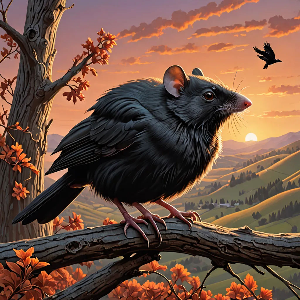 a painting of a black bird perched on a branch with a sunset in the background and a bird flying over the tree, magic realism, a storybook illustration, Art Spiegelman, storybook illustration