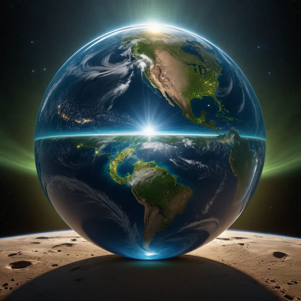 a view of the earth from the moon's surface with a bright light shining on it's side, space art, a hologram, Beeple, global illumination