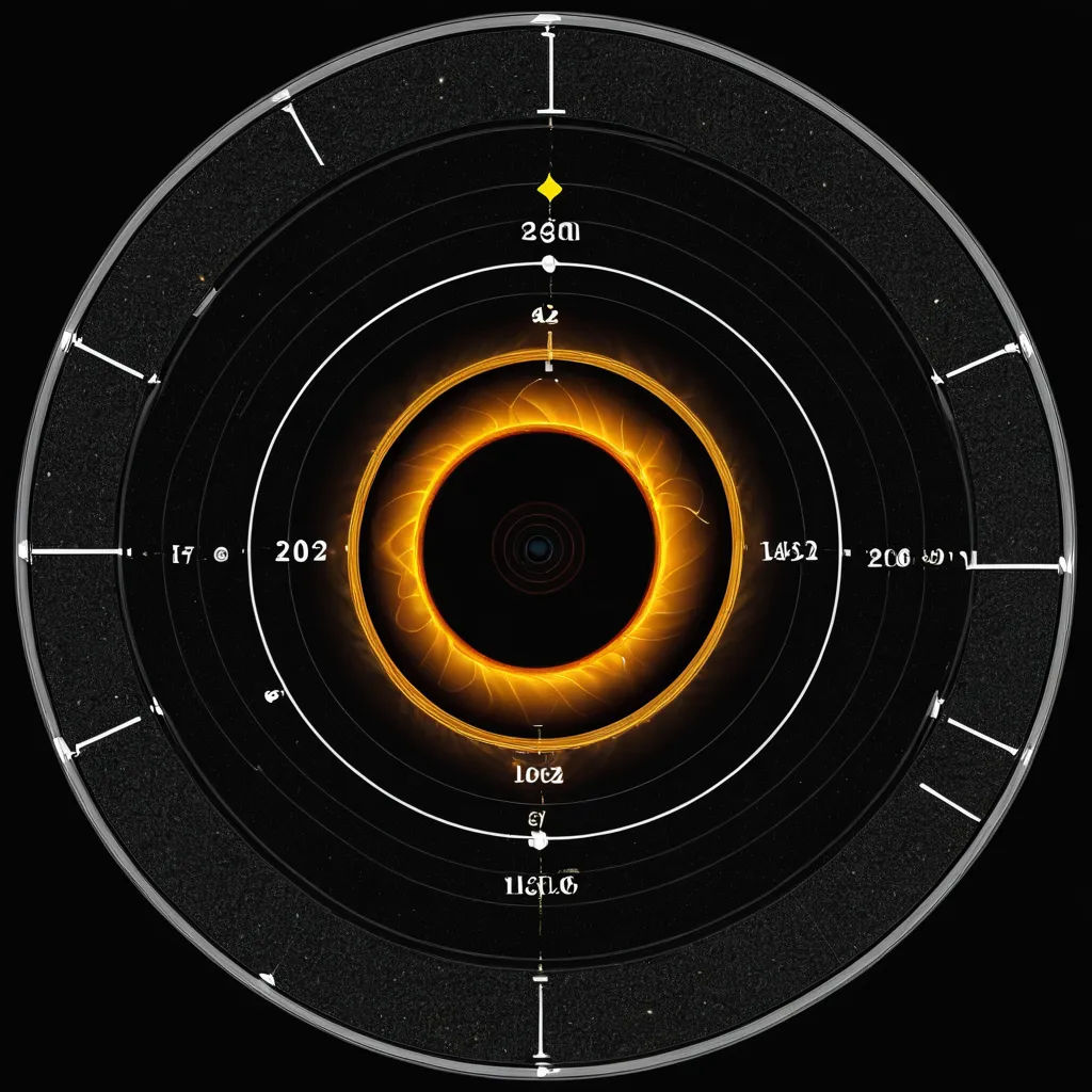 a black and yellow clock with a black background and a yellow circle with numbers and arrows on it and a yellow dot in the middle, space art, a screenshot, Epsylon Point, polarizing filter