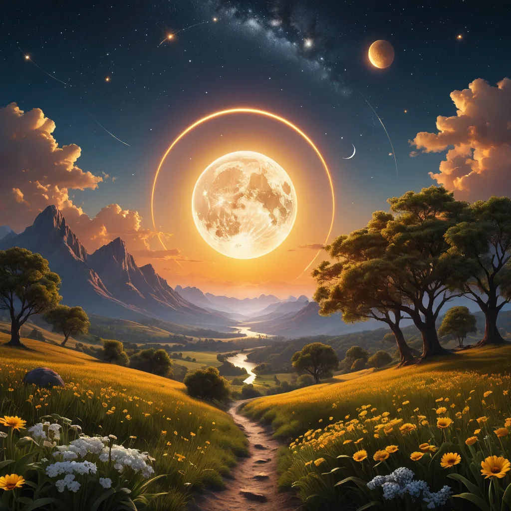 a painting of a path leading to a full moon in the sky with mountains and trees in the background, fantasy art, a detailed matte painting, David A Hardy, matte fantasy painting
