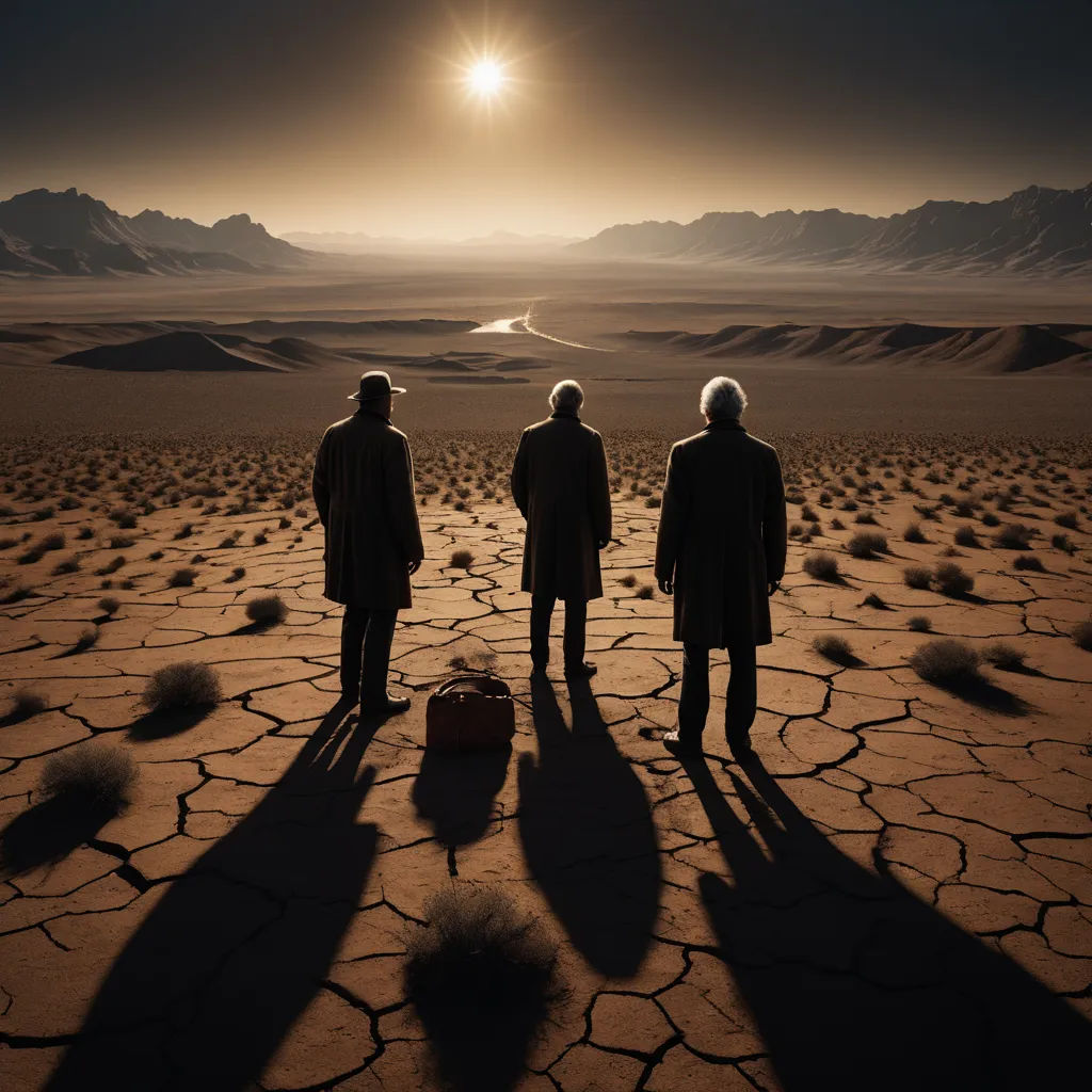 three people standing in the desert with a suitcase in the foreground and a sun in the background with a distant mountain range in the distance, art photography, an album cover, Amir Zand, desert