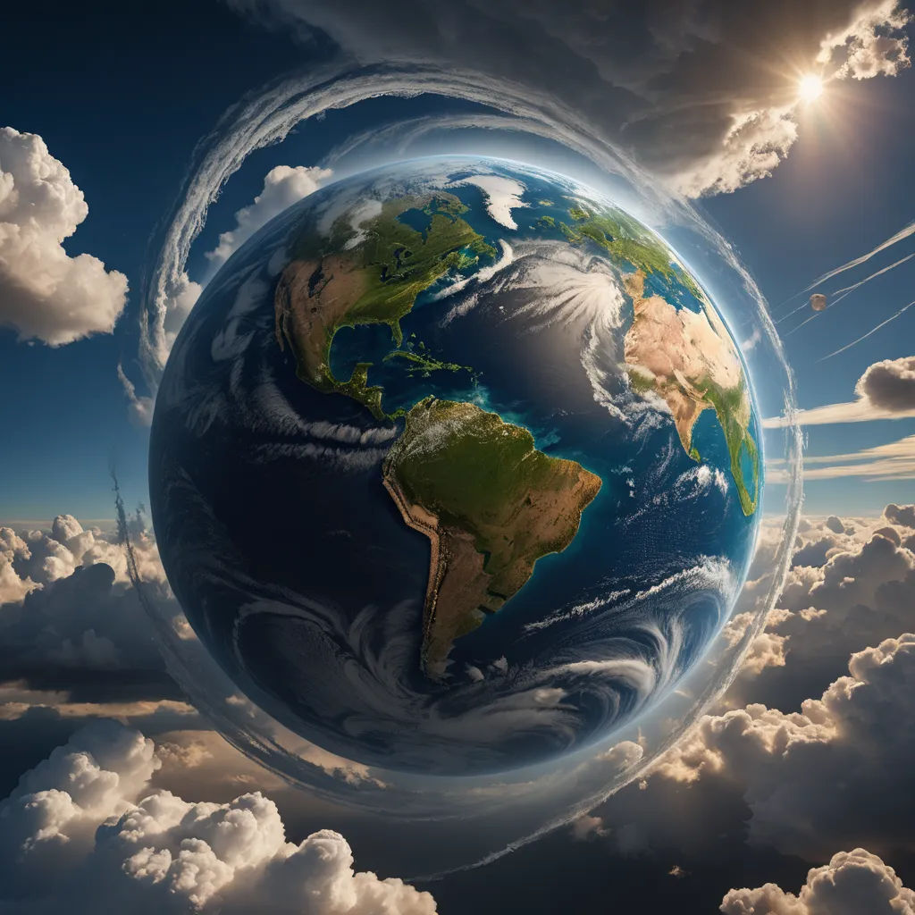 a picture of the earth in the clouds with a sun in the background and a plane flying overhead in the sky, space art, a detailed matte painting, Chris LaBrooy, matte painting