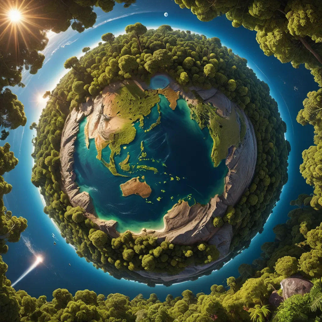 a picture of a planet with trees around it and a bright sun in the background, and a blue sky, environmental art, a detailed matte painting, Chris LaBrooy, highly detailed digital painting