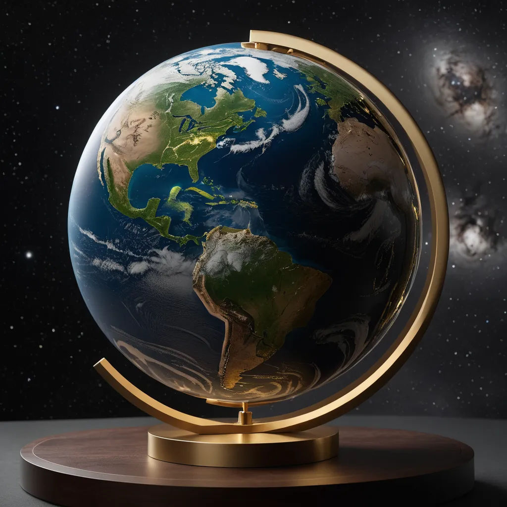 a small globe on a wooden stand with a black background and stars in the sky behind it, with a gold base, international typographic style, a 3D render, Chris LaBrooy, 8 k render