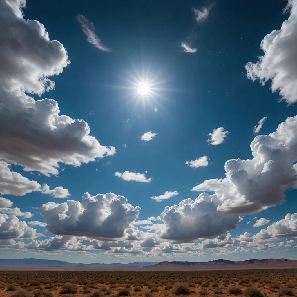 a large open field with a bright sun in the sky above it and a few clouds in the sky, space art, a matte painting, David Martin, clouds