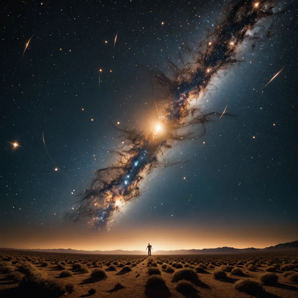 a man standing in the middle of a desert under a very large star filled sky with stars in the sky, space art, a detailed matte painting, Filip Hodas, galaxy