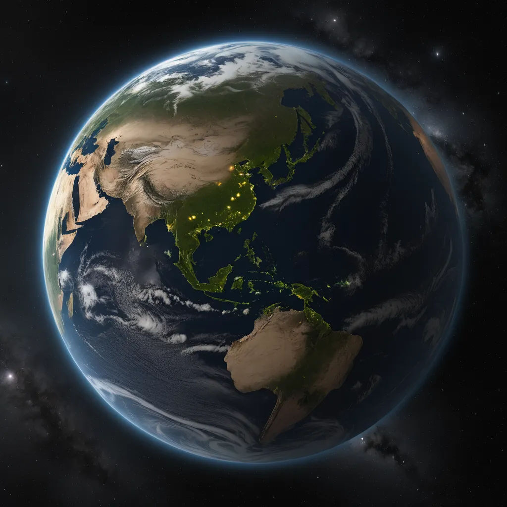 a view of the earth from space showing asia and the middle east side of the globe with lights on, space art, a detailed matte painting, Dai Xi, global illumination