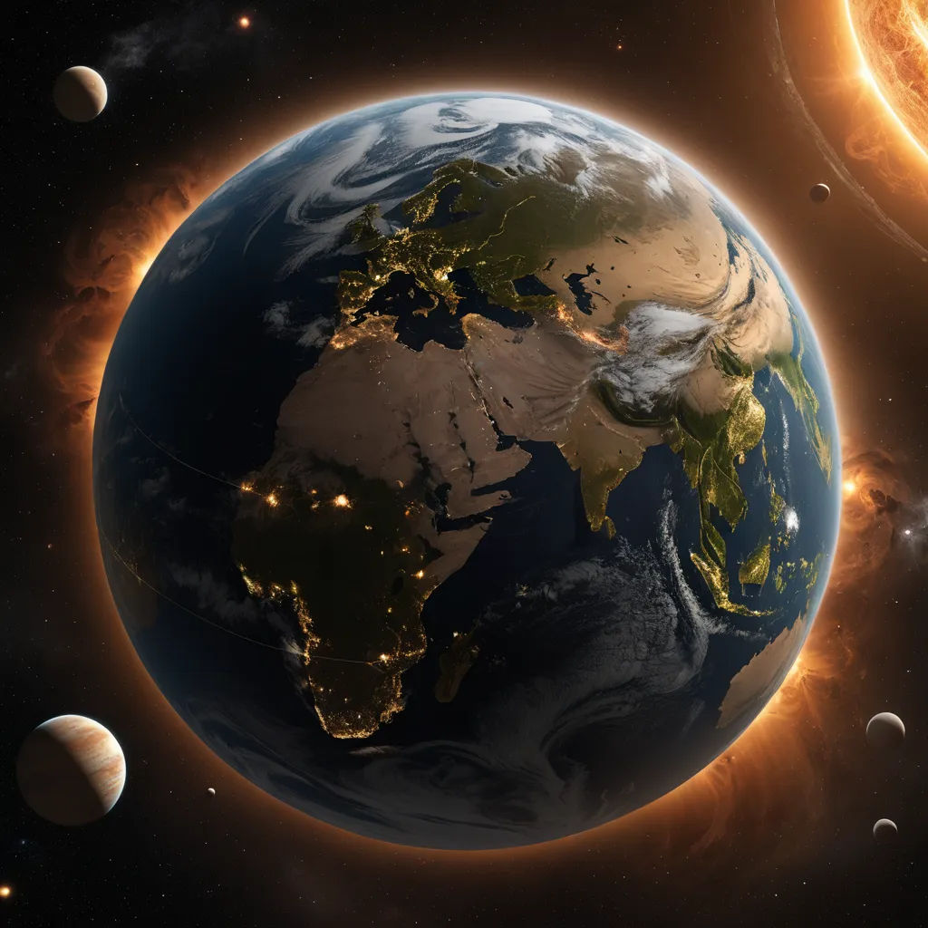 a picture of the earth and its moon and sun in space with a background of stars and planets in the sky, space art, a detailed matte painting, David A Hardy, global illumination