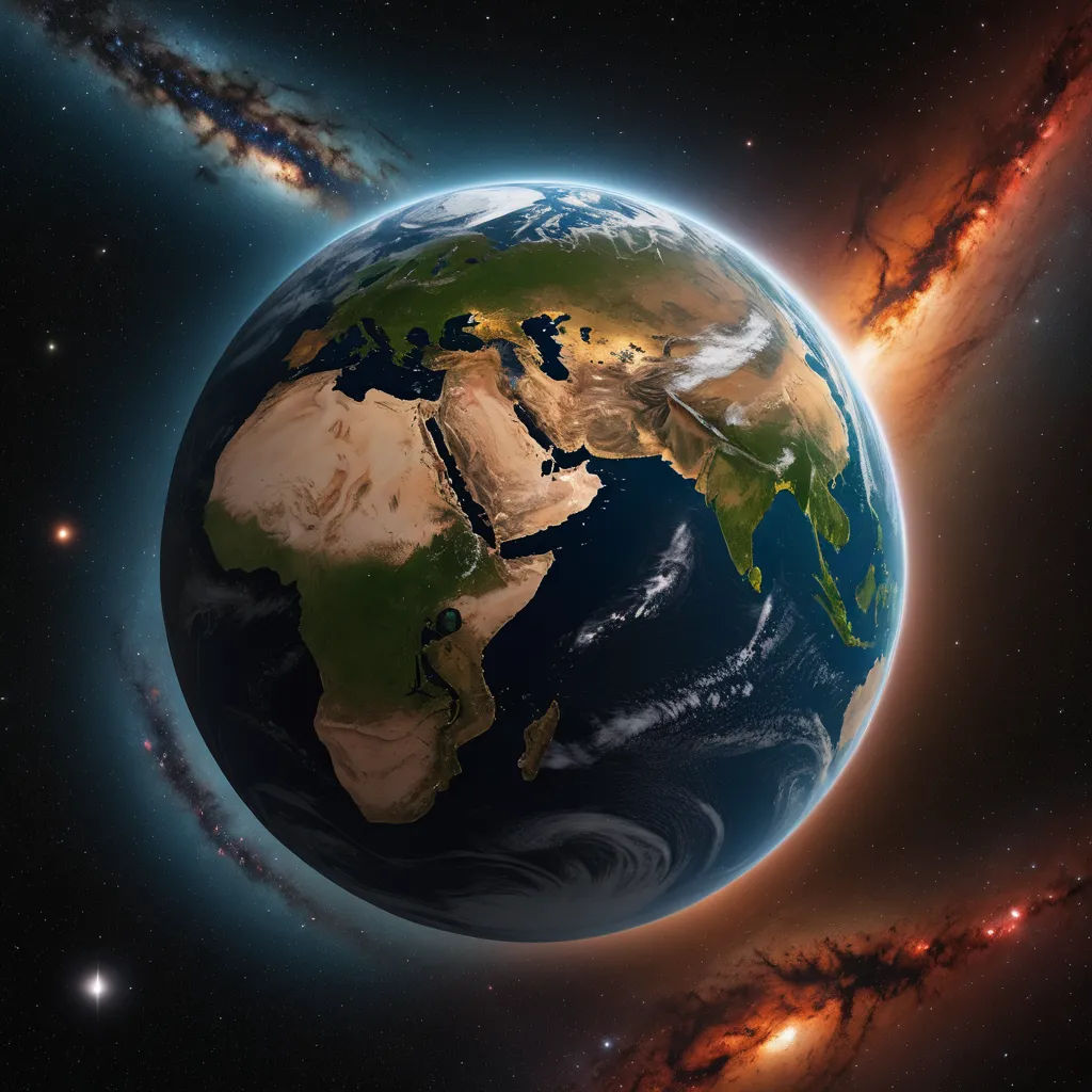 a picture of the earth and a galaxy in the background with stars and dust in the foreground, and a bright orange glow on the left side of the image, space art, a detailed matte painting, Chris LaBrooy, space