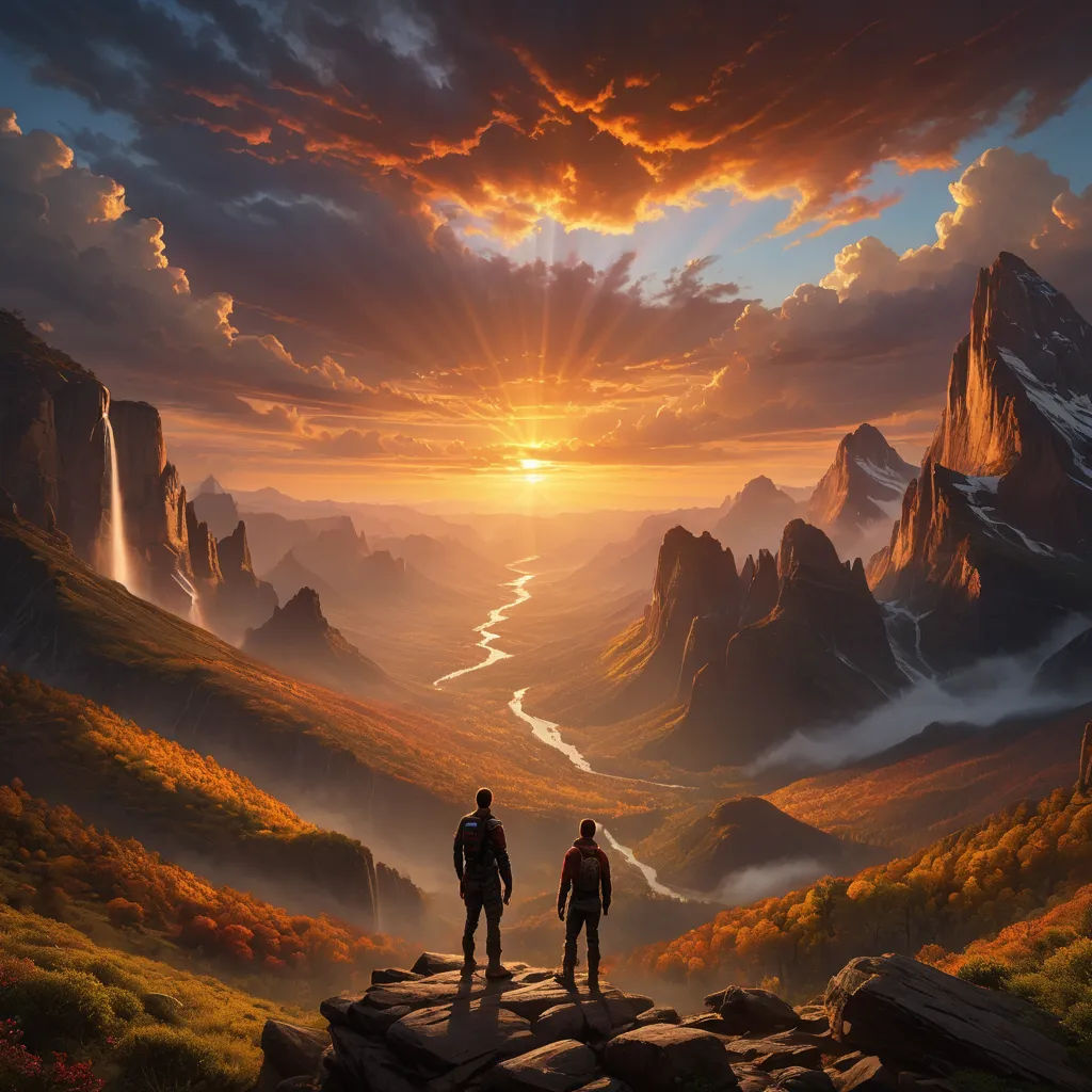 two people standing on a mountain looking at a sunset over a valley with a river running through it and mountains in the distance, fantasy art, a detailed matte painting, Brothers Hildebrandt, matte fantasy painting