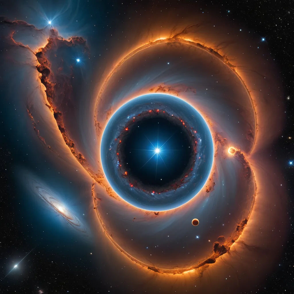 a black hole in the sky with a star in the center of it and a bright blue ring around it, space art, an airbrush painting, David A. Hardy, space