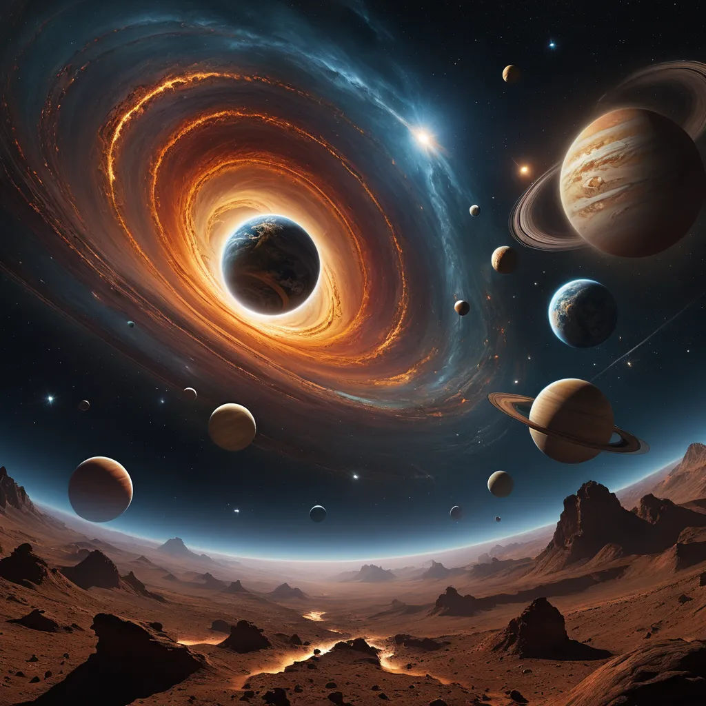 a group of planets in the sky with a spiral of stars in the background and a distant star in the foreground, space art, a detailed matte painting, David A. Hardy, space
