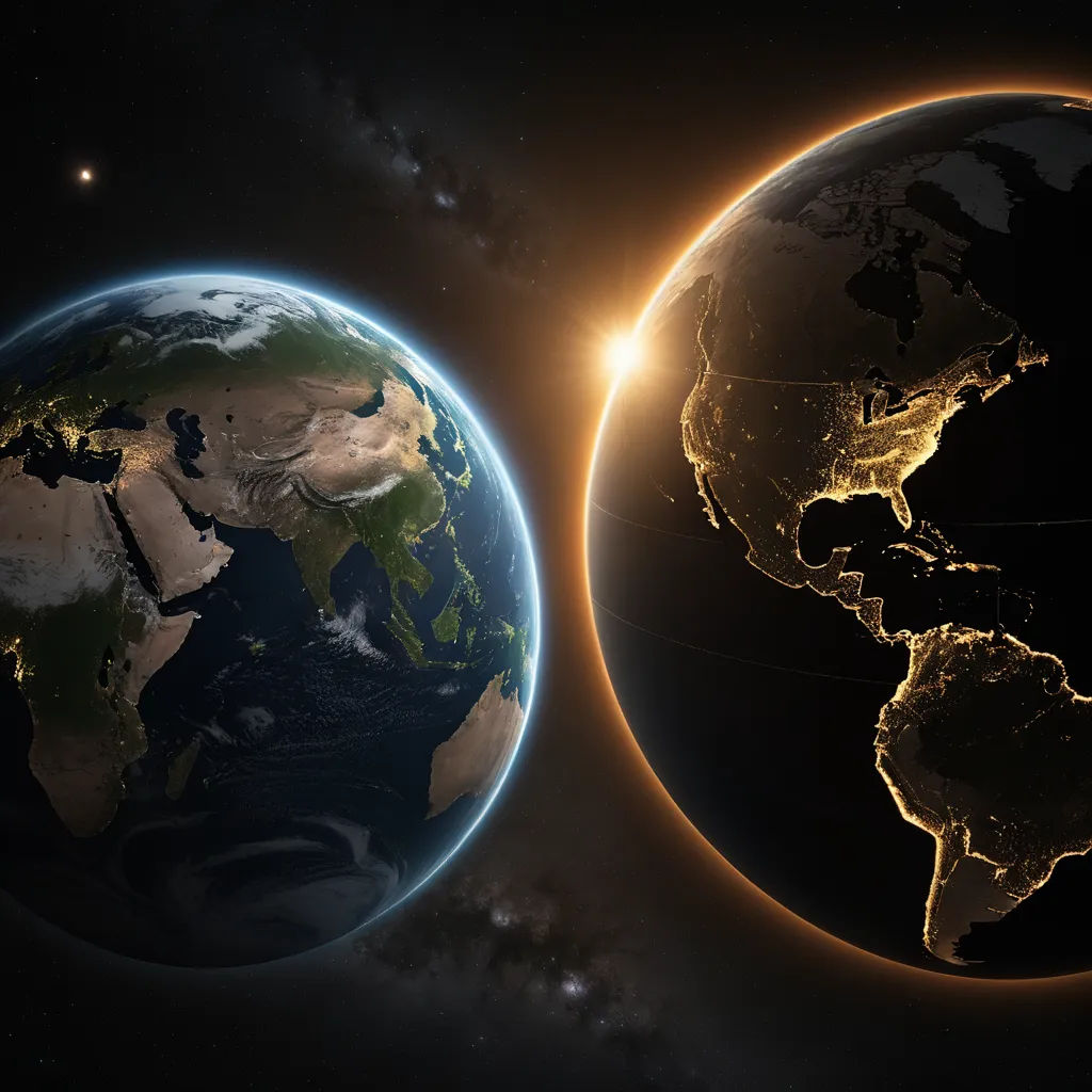 a view of the earth from space with a bright light shining on it's side and a dark background, space art, a 3D render, Chesley Bonestell, global illumination
