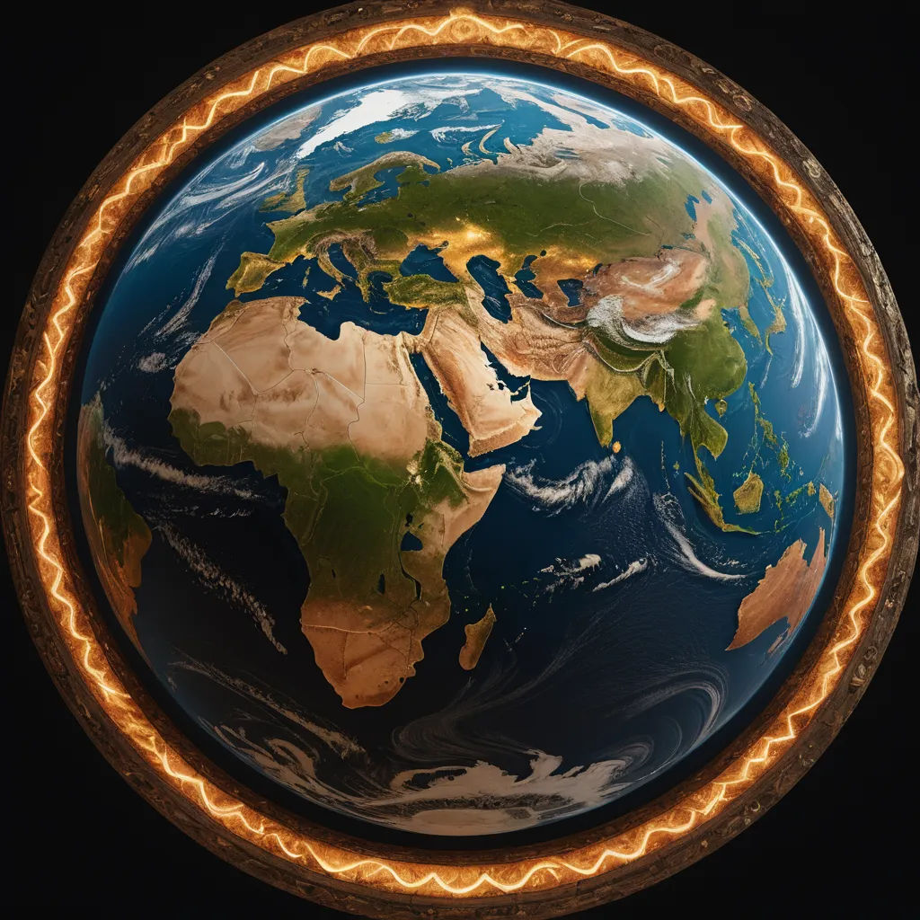 a picture of the earth in a circle with a black background and a gold border around it, with a black background and a brown border around the edges, environmental art, a 3D render, Chris LaBrooy, global illumination