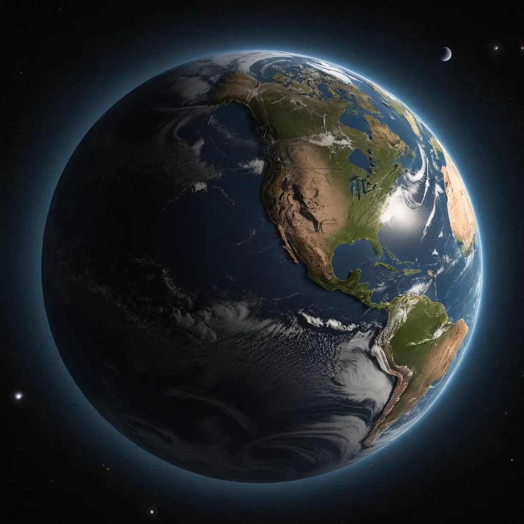 a picture of the earth from space with the moon in the background and stars in the sky above it, space art, a detailed matte painting, Ancell Stronach, global illumination