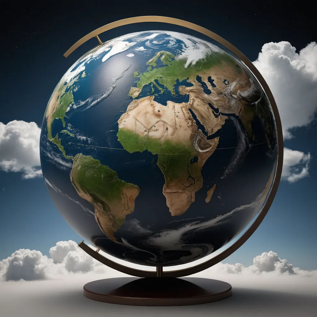 a globe with a sky background and clouds in the background, with a gold ring around the globe, and a blue sky with white clouds, international typographic style, a 3D render, Andrew Robertson, global illumination