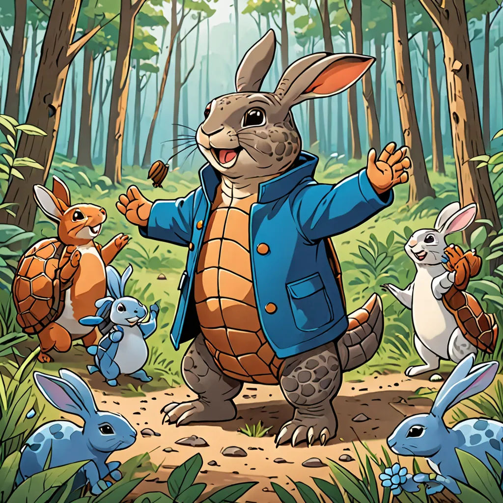 a cartoon of a rabbit in a blue jacket surrounded by other rabbits in a forest with trees and bushes, sots art, a storybook illustration, Chris LaBrooy, official art