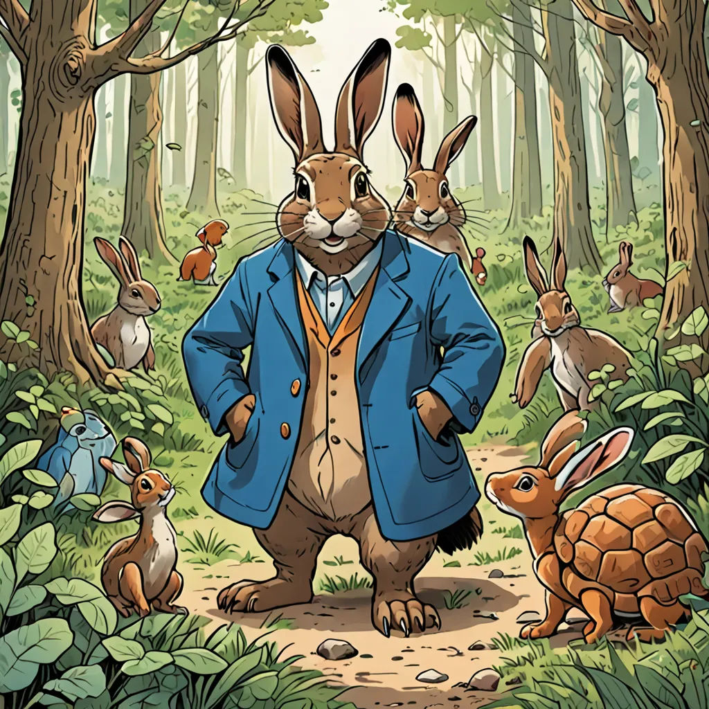 a rabbit in a suit and some rabbits in the woods with trees and grass behind him, and a man in a blue coat, furry art, a storybook illustration, Beatrix Potter, josan gonzales and dan mumford