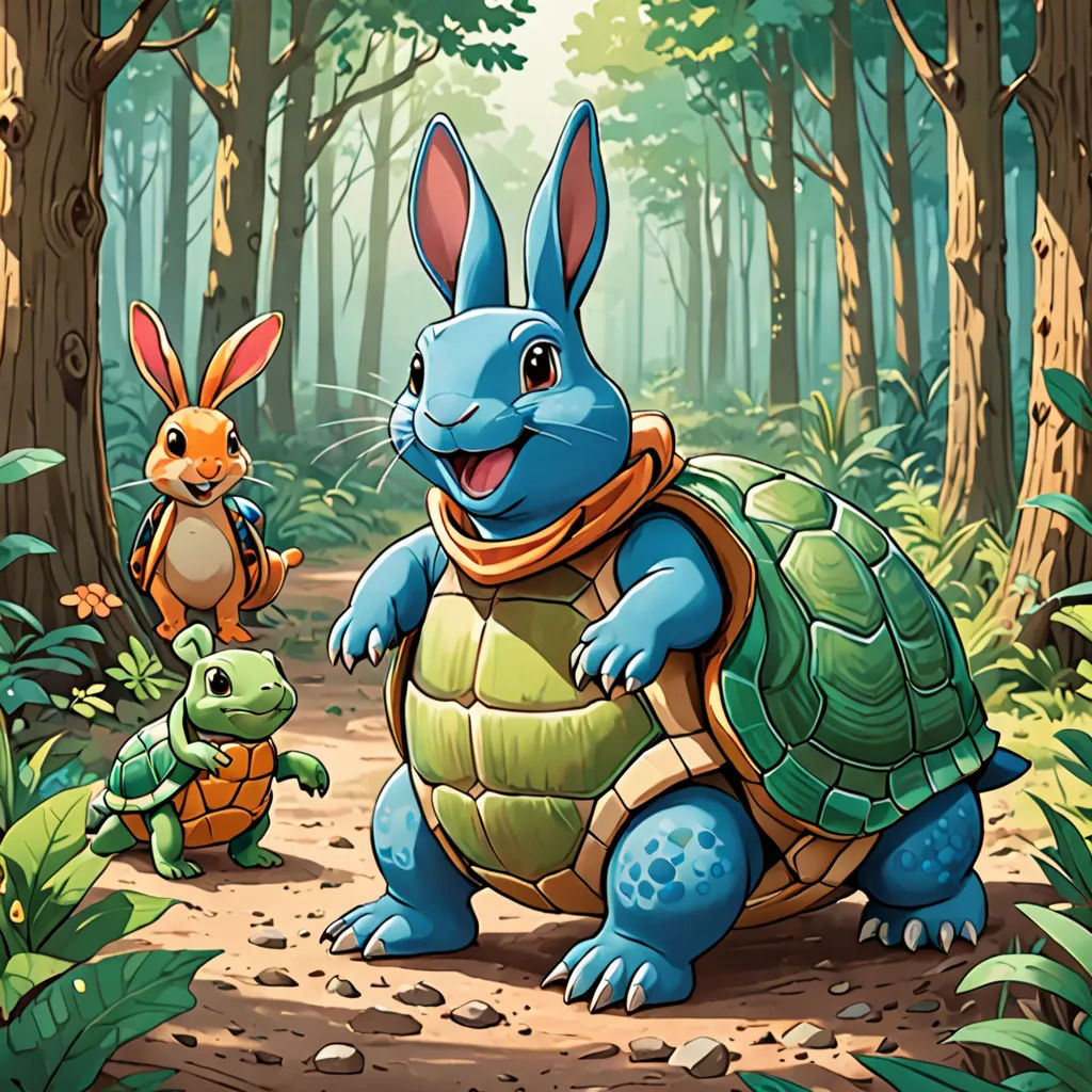 a rabbit and a turtle are in the woods together, one is carrying a rabbit on its back and the other is carrying a turtle, sots art, a storybook illustration, Chris LaBrooy, official art