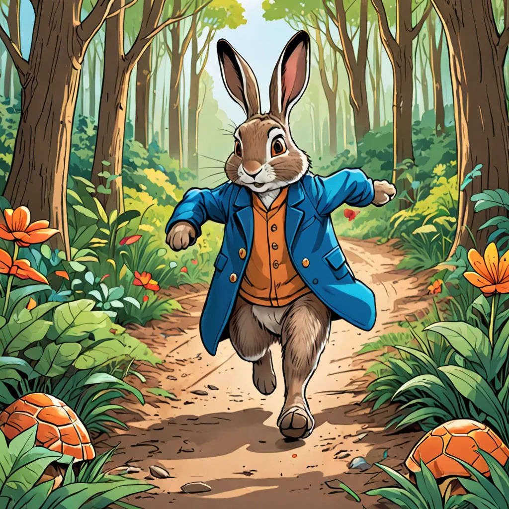 a rabbit in a blue jacket running through a forest with flowers and trees on a sunny day illustration by john wyee, furry art, a storybook illustration, Beatrix Potter, official art