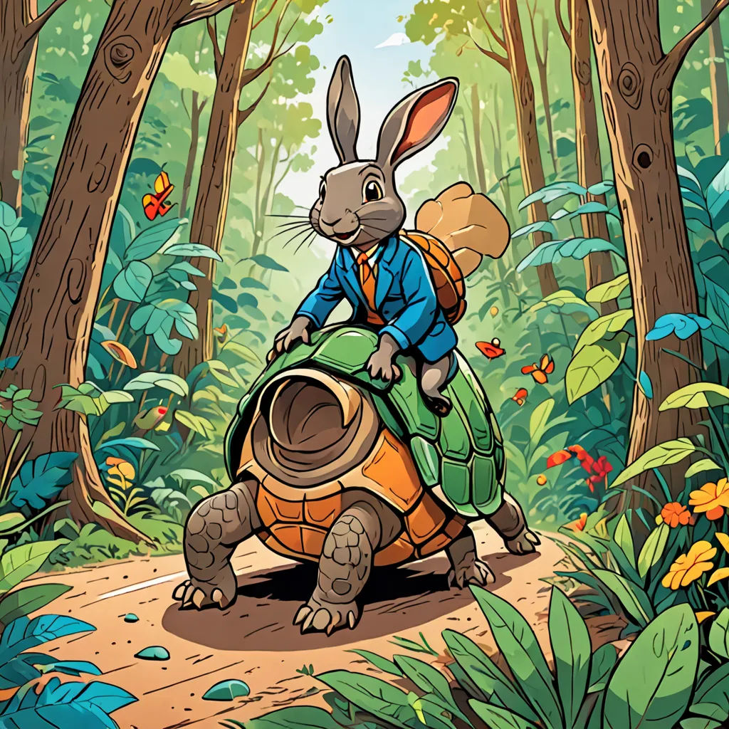 a rabbit riding on top of a turtle in the forest with a backpack on its back and a backpack on its back, process art, a storybook illustration, Chris LaBrooy, storybook illustration