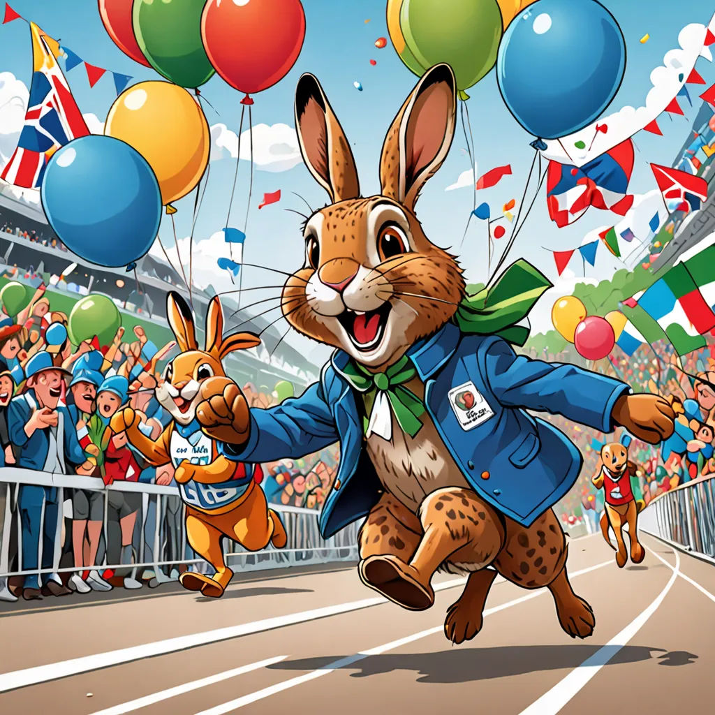 a cartoon rabbit running with balloons and a rabbit in a suit and tie in front of a crowd of people, furry art, a digital rendering, Florence Engelbach, official art