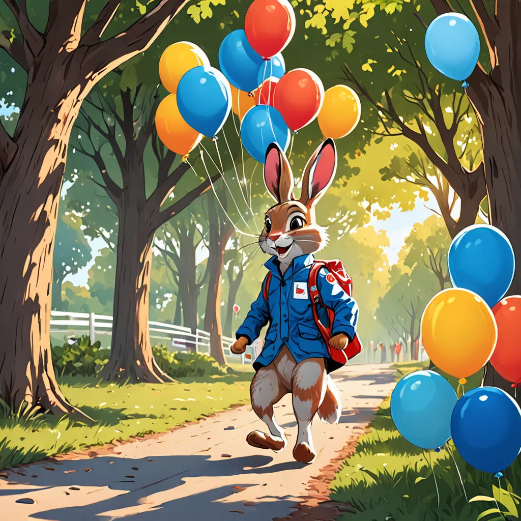 a rabbit with a backpack and balloons in the air walking down a path in a park with trees and grass, furry art, a storybook illustration, Chris LaBrooy, promotional image