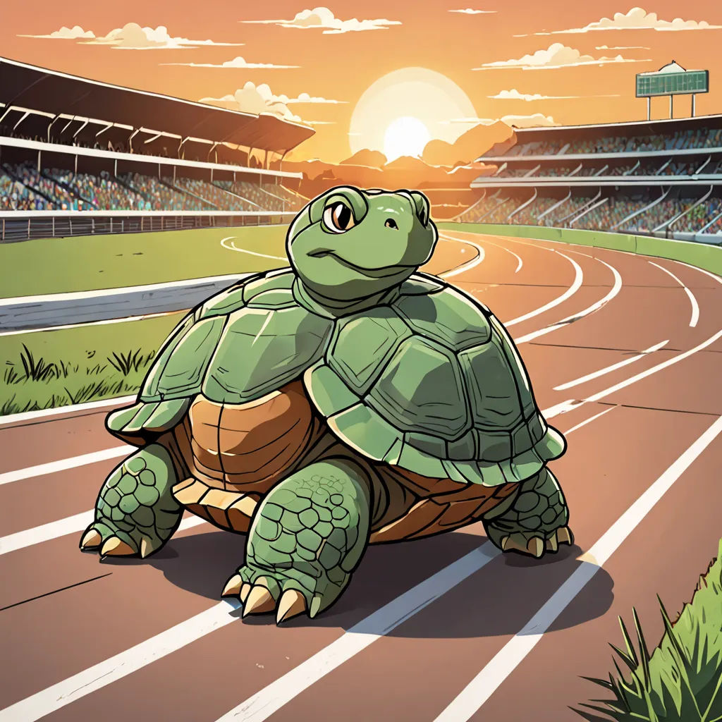 a cartoon turtle is sitting on a track at a stadium at sunset or sunrise or sunset, with a stadium in the background, sots art, a storybook illustration, Diego Gisbert Llorens, official art