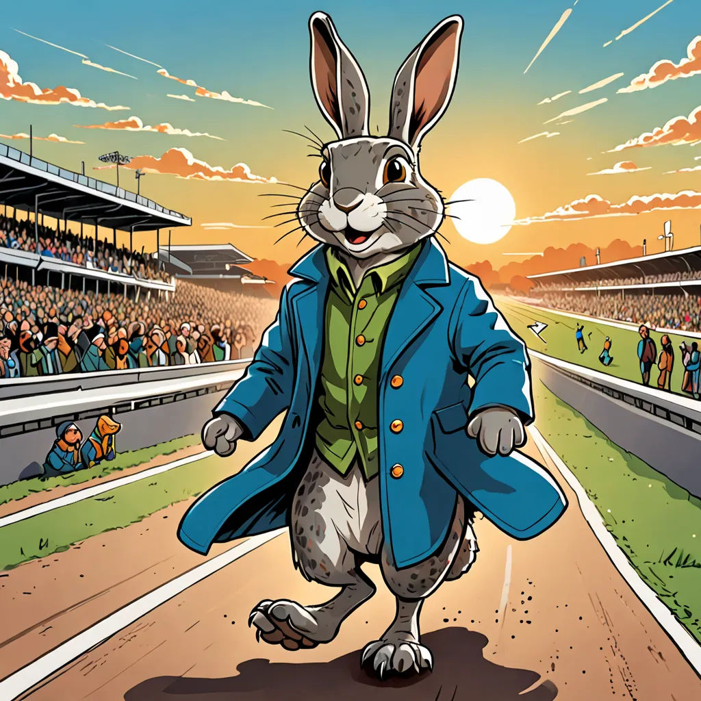 a cartoon of a rabbit dressed in a suit and tie running on a race track with a crowd of people watching, furry art, a digital rendering, Brian Despain, official art