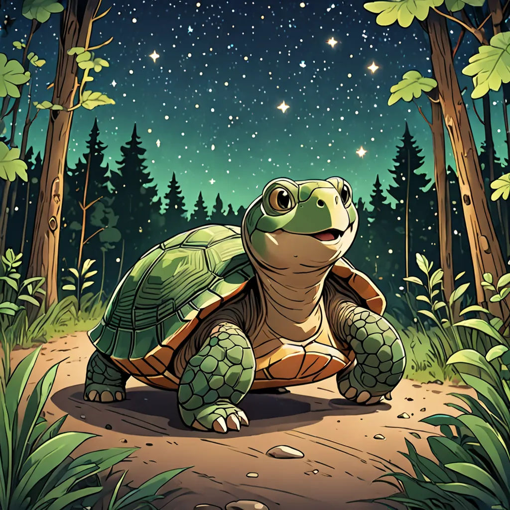 a turtle sitting on a dirt road in the woods at night with stars above it and trees in the background, fantasy art, a storybook illustration, Dan Mumford, josan gonzales and dan mumford