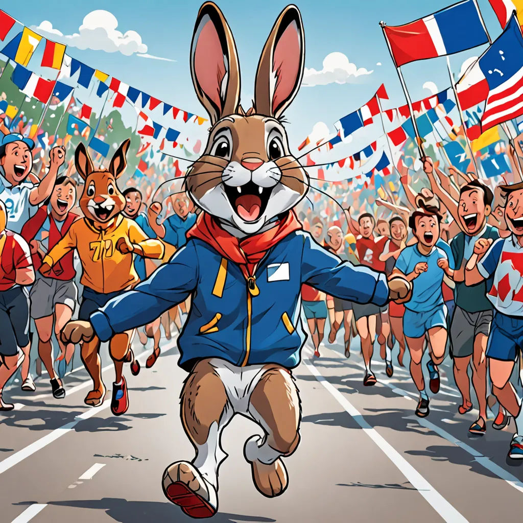 a cartoon rabbit running in a race with a crowd of people behind him and flags flying in the air, furry art, a storybook illustration, Clovis Trouille, official art