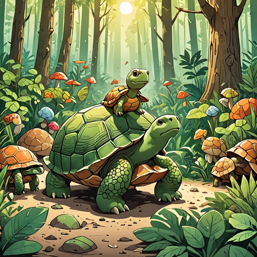 a painting of a turtle and a turtle on a path in a forest with mushrooms and trees in the background, fantasy art, a storybook illustration, Chris LaBrooy, rossdraws global illumination