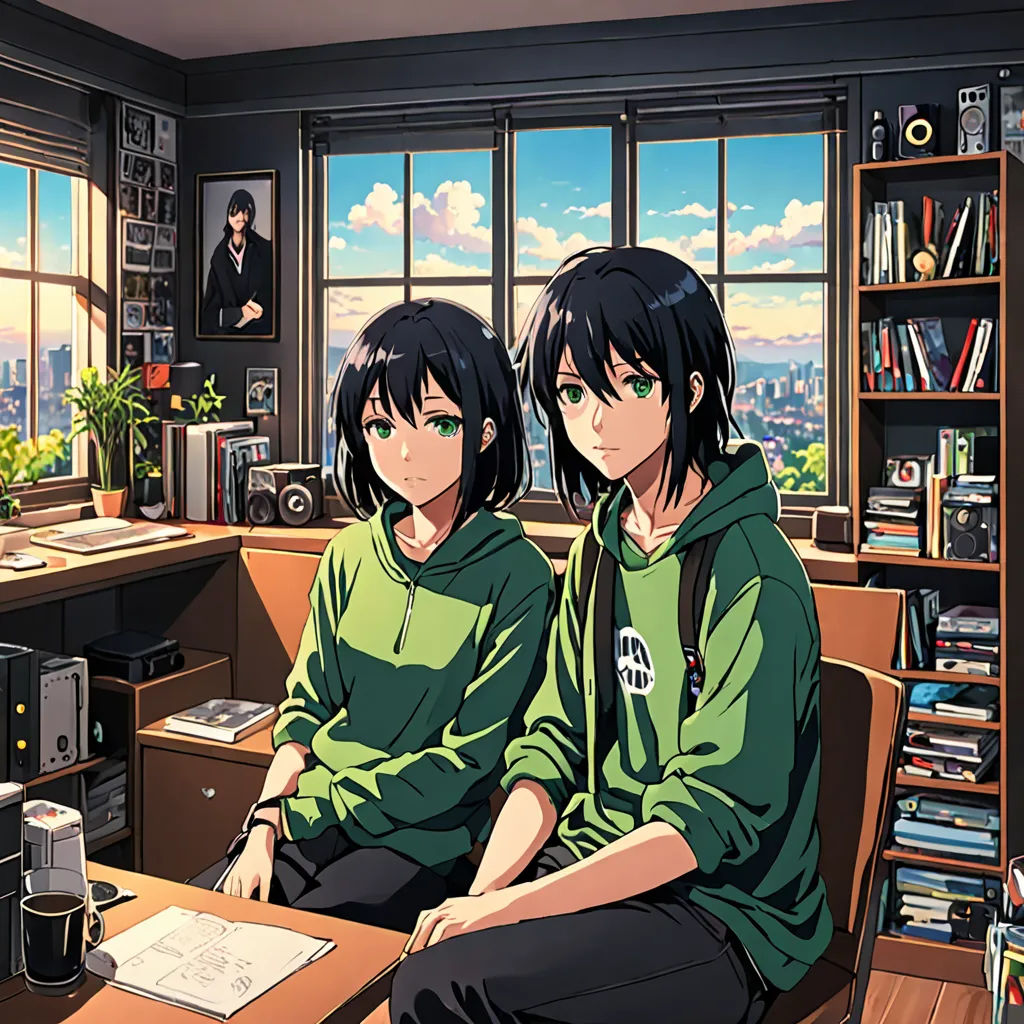two people sitting in a room with a desk and a window in the background with a city view behind them, computer art, computer graphics, Aya Goda, official art