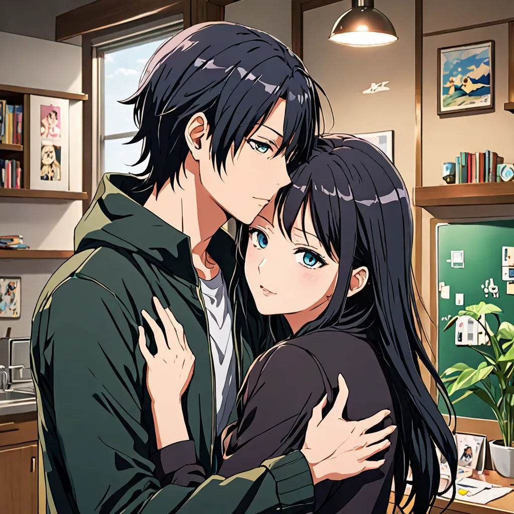 a couple hugging in a kitchen with a plant in the background and a potted plant in the foreground, remodernism, a manga drawing, Ai-Mitsu, official art