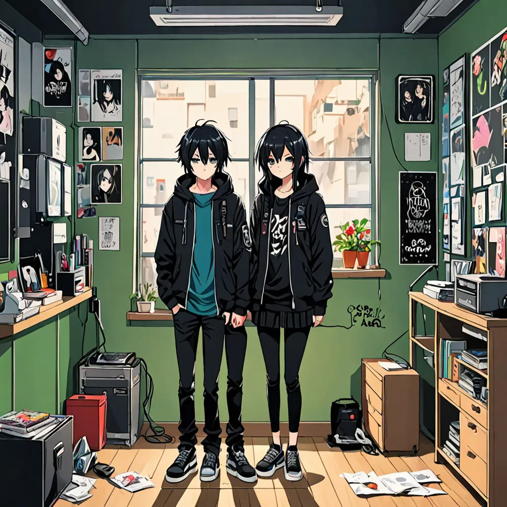 two people standing in a room with a window and a desk with a computer on it and a television on the wall, computer art, computer graphics, Aya Goda, official art