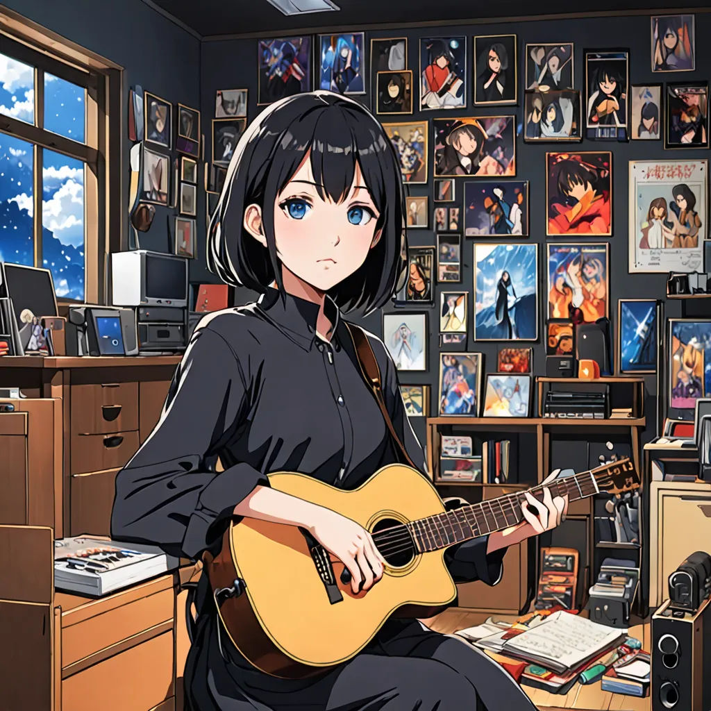a woman sitting in a room with a guitar in her lap and a lot of pictures on the wall, temporary art, poster art, artist, official art