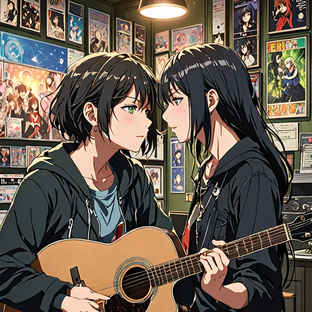 two people are standing in a room with a guitar and a wall of posters behind them that have pictures of them, shock art, poster art, Artgerm, official art