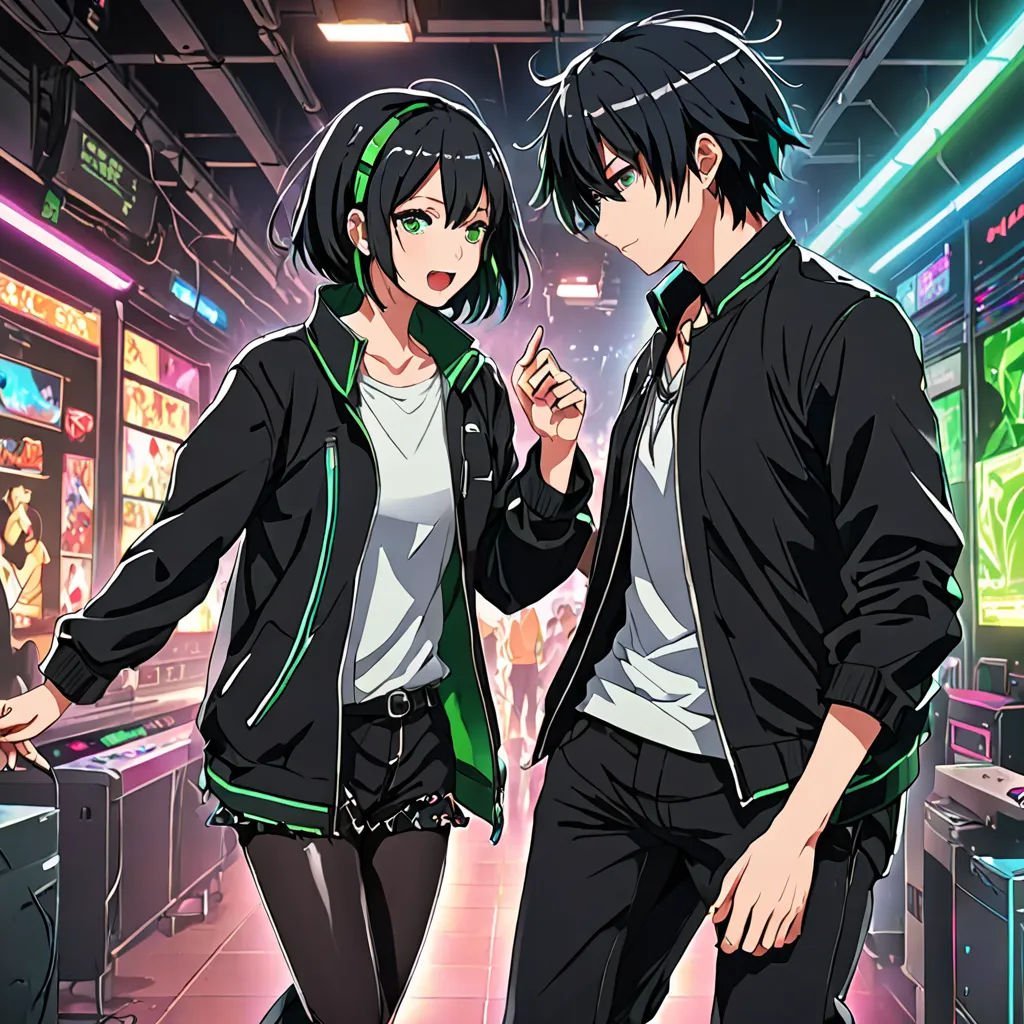 a couple of people standing next to each other in a room with neon lights and neon signs on the walls, neo-dada, cyberpunk art, Ai-Mitsu, official art