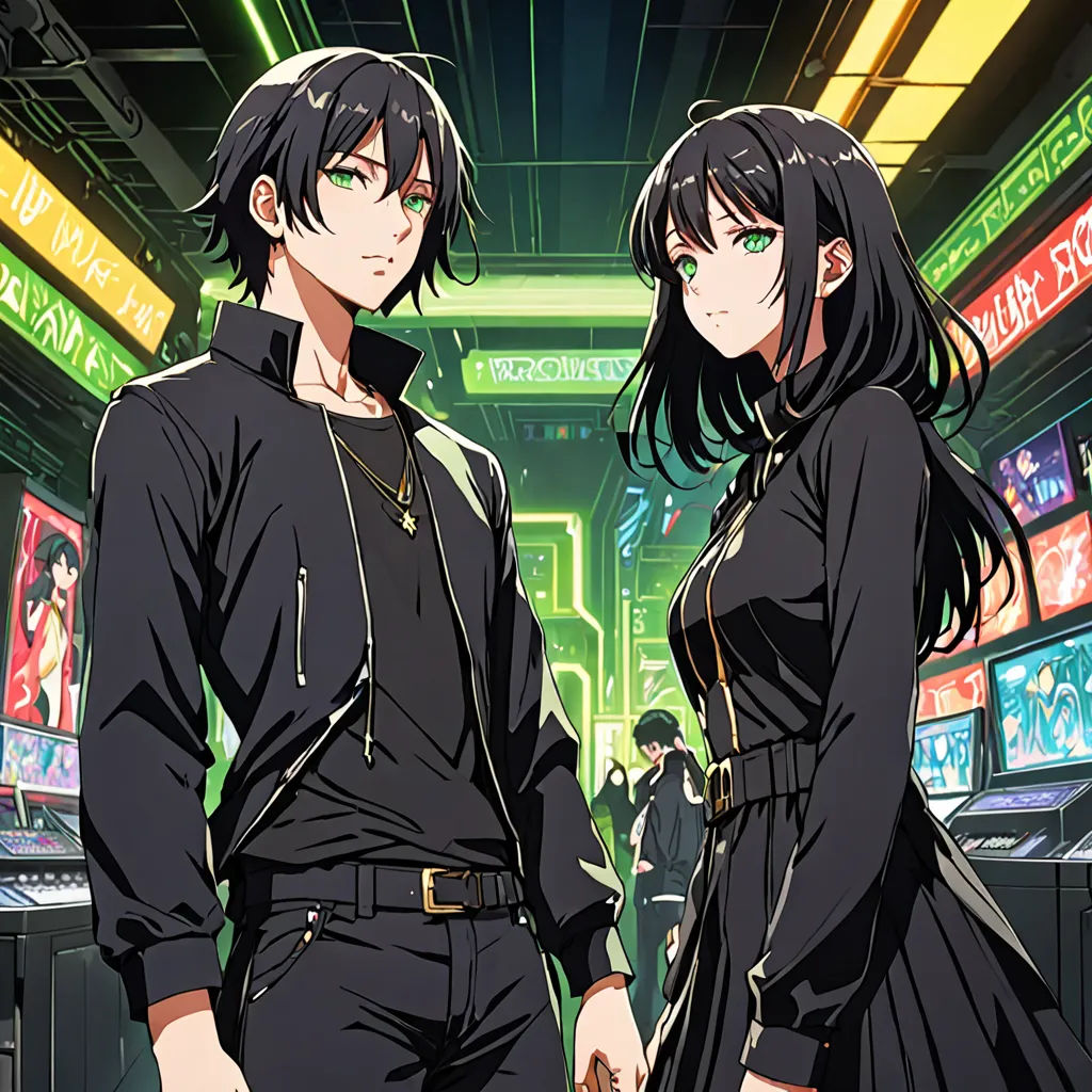 two anime characters standing in a room with neon lights and neon signs behind them, one of them is wearing a black dress, neo-figurative, cyberpunk art, Ai-Mitsu, anime key visual