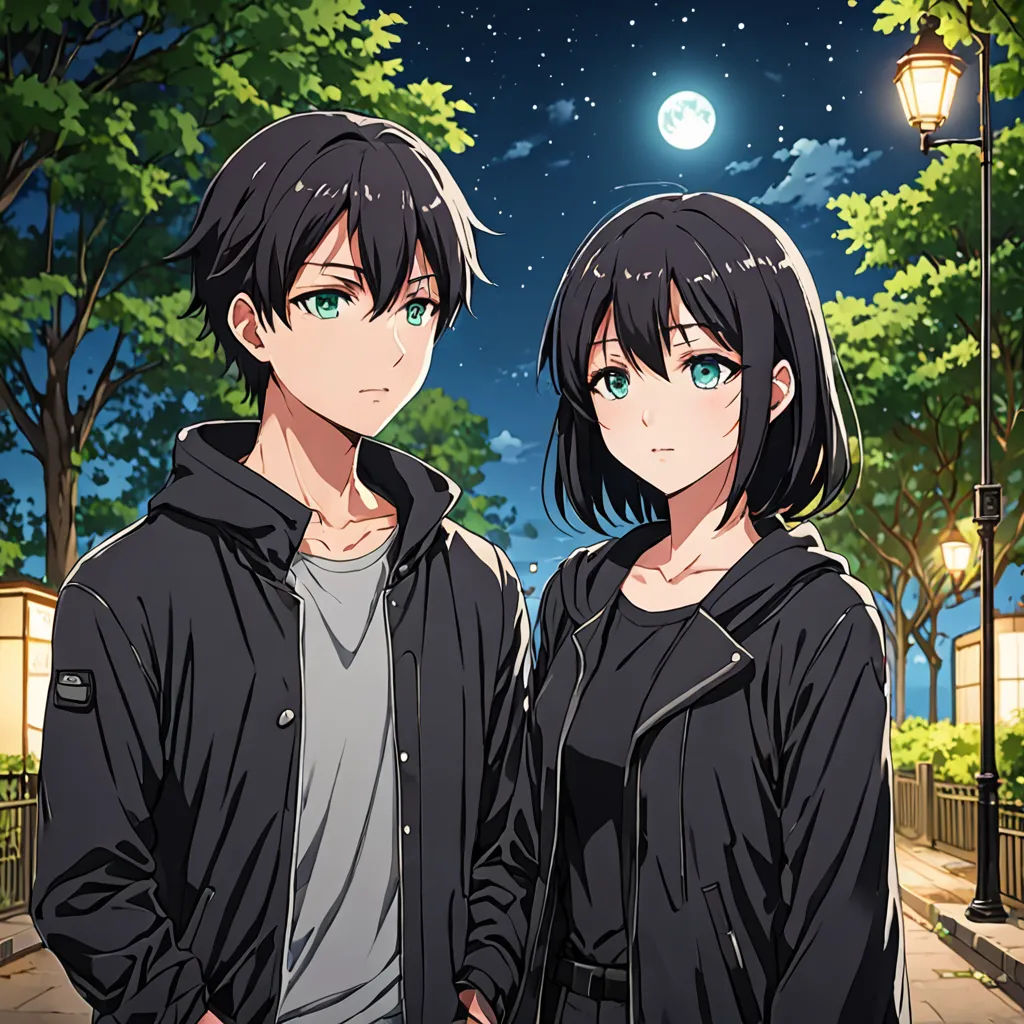 two people standing next to each other in front of a street light at night with a full moon in the background, serial art, an album cover, Aya Goda, official art