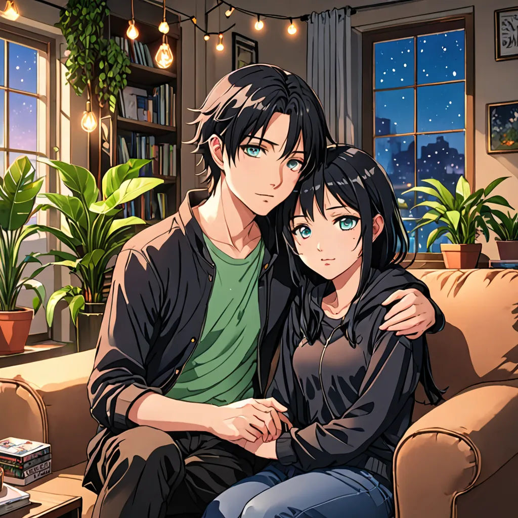 a couple sitting on a couch in a living room with a window in the background and a plant in the foreground, sots art, a manga drawing, Aya Goda, official art